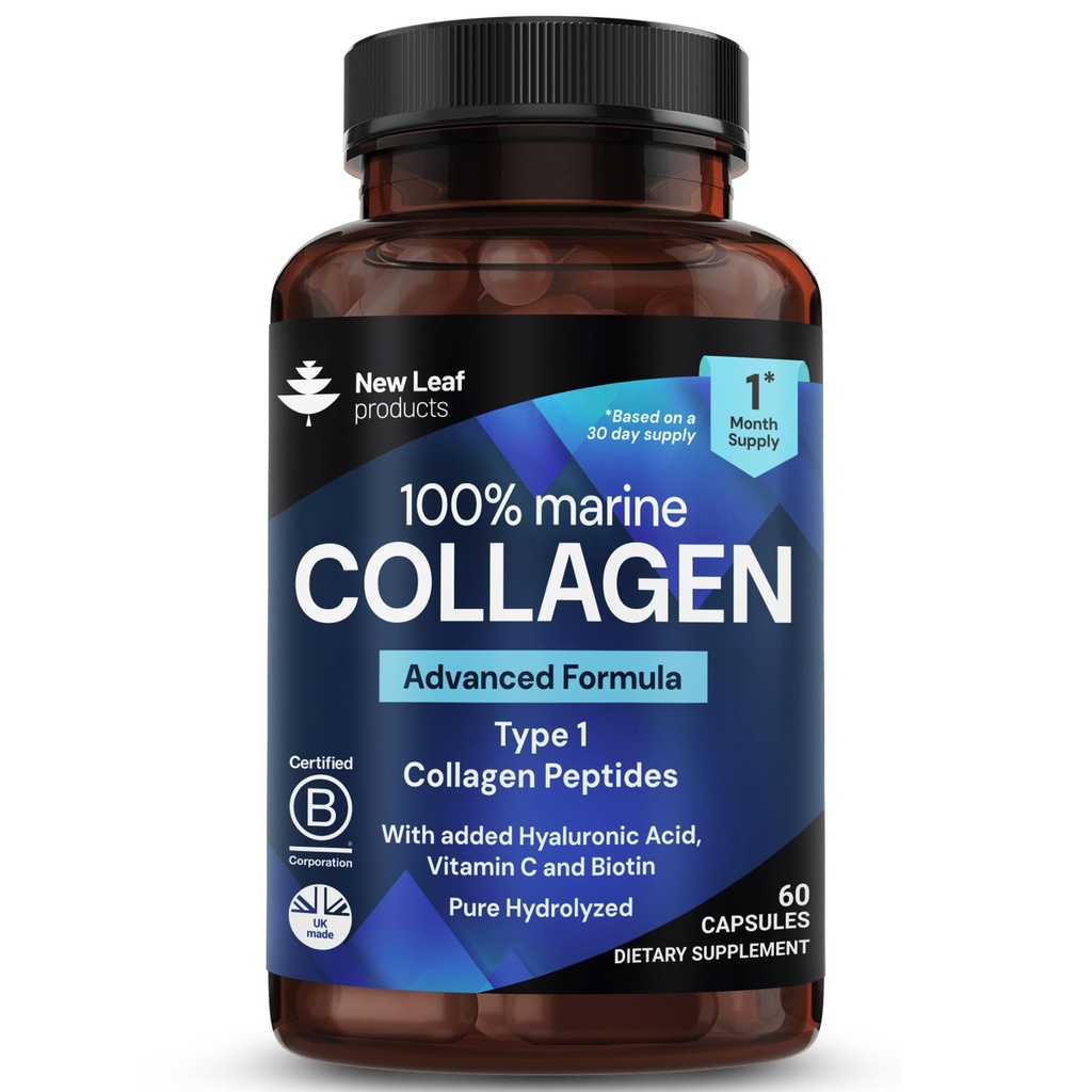 Pure Marine Collageen 100% Marine Collageen Type 1 1300mg - Gehydrolyseerde Collageen Peptides Enhanced with Hyaluronic Acid & Vitamine C, High Strength Collageen Supplements for Women and Men, 60 Tablets