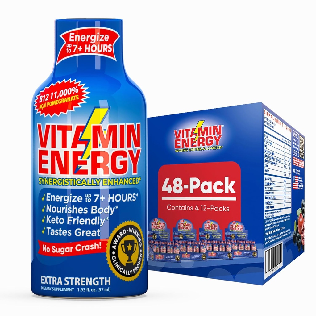Vitamine Energie B12 11.000% Extra sterkte Energie Shot Açaí Granaatappel 48 Pack, 260mg Natural Cafeine, B12 & B6, Nootrope Focus, Vitality, Zero Sugar, Gluten-Free, Vegan, Kosher, 1,93 fl oz