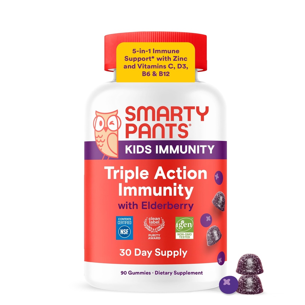SmartyBants Kinderen Immuniteit Vlierbessen Gummies: Kinderen Immuun Ondersteuning Supplement, Vitamine C, Vitamine D, Vitaminen B6 & B12 en Zink, Glutenvrij, Vlierbessen smaak, 60 Tel (30 dagen levering)