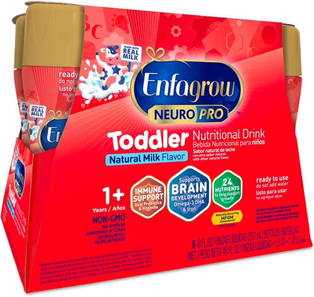 Enfagrow NeuroPro Peuter Voedingsdrank, Gemaakt met echte melk, Hersenbouwende Omega-3 DHA, Nutriënten en Prebiotica voor Groei & Immuun Ondersteuning, Niet-GMO, Peuter Melkpoeder, 8 Fl Oz, 6 Tellen