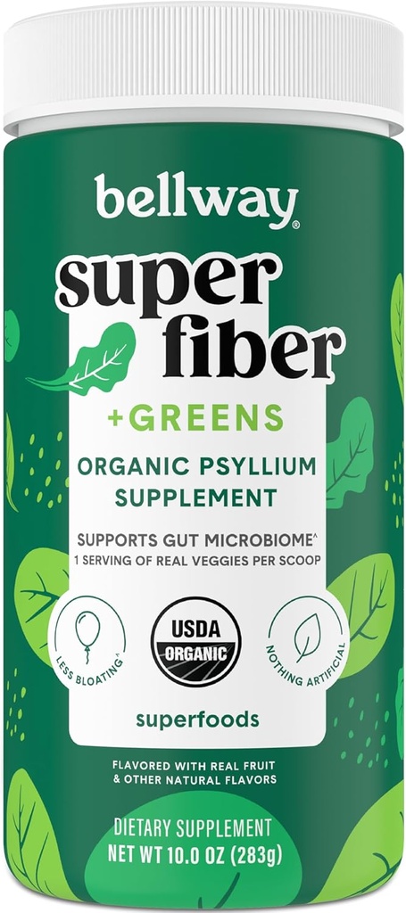 Bellway Super Fiber + Greens Powder, Sugar-Free Psyllium Husk Fiber Supplement Powder met Super Greens (30 Servers)