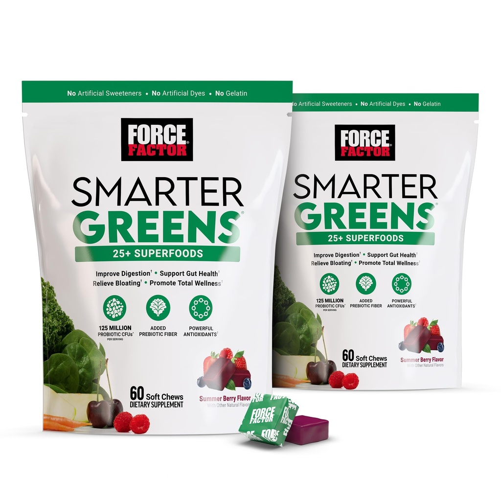 FORCE FACTOR Slimmere Groenen Superfood Kauwen, 2-Pack, Groenen en Superfoods met Probiotica, Antioxidanten en Vezel, Groenen Supplement ter ondersteuning van digestie, Nitric Oxide, en energie, 120 Zachte Kauwen
