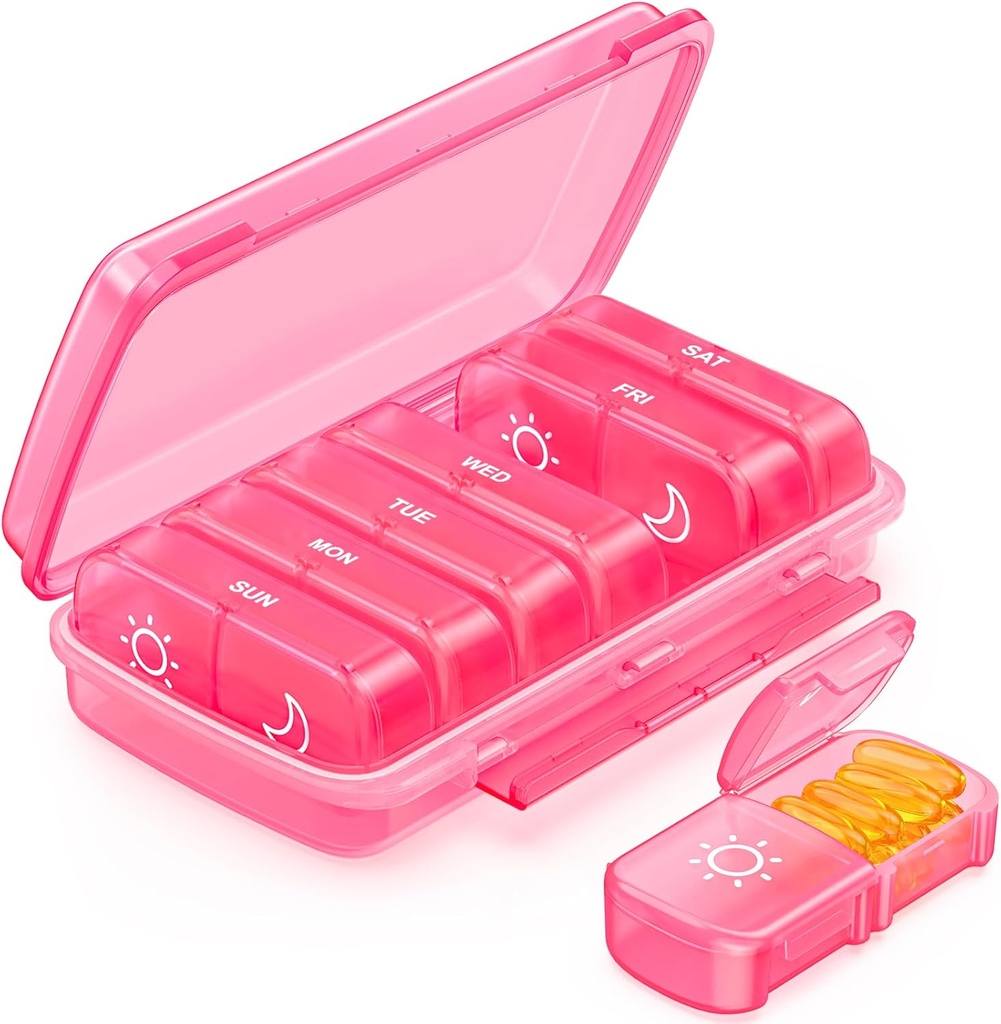 Weekly pil Organizer 2 keer per dag met vochtbestendig ontwerp, Roze AM PM pils doos 7 dagen voor gemakkelijk vullen, Portable pils geval voor reizen, Grote pils houder voor vitamine, visolie, supplement