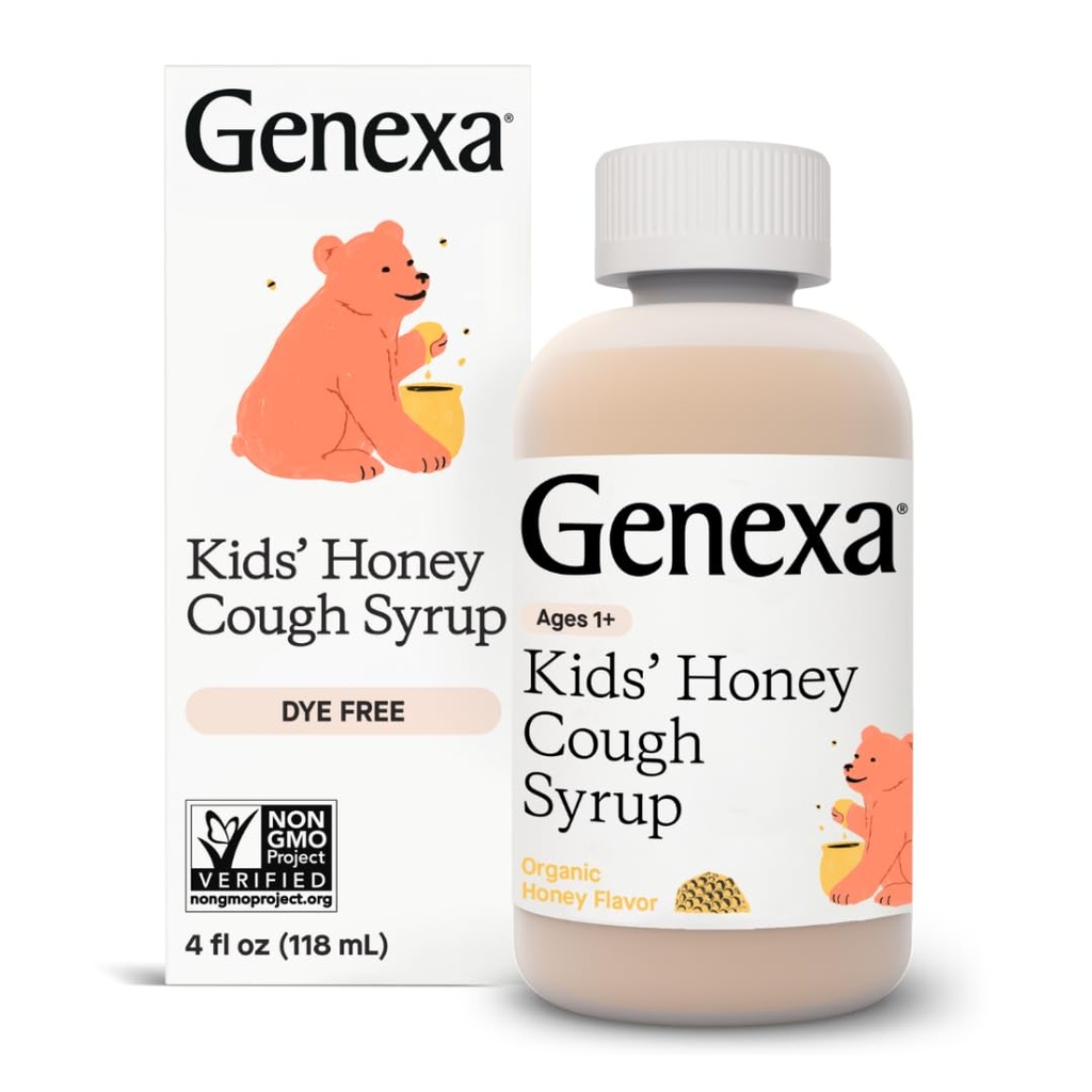 Genexa Kids.Syrop de toux au miel biologique, sans colorant, 0% Additifs artificiels, traitement de la toux pour enfants 2-11, Saveur naturelle apaisante au miel, sans gluten et sans OGM 4 fl oz