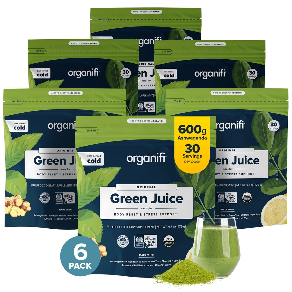 Organifi Green Juice - Organic Superfood Powder - 180-Day Supply - Organic Vegan Greens - Helpt Cortisol verminderen - Biedt betere respons op stress - Ondersteunt gewichtscontrole - Totale lichaamswellness