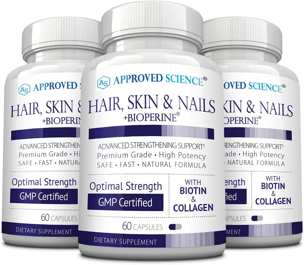Goedgekeurde Science Hair, Skin and Nails - Ondersteuningssupplement - Biotine, Collageen, Vitamine B Complex, Silica, BioPerine - 180 Capsules - 3 maanden Levering
