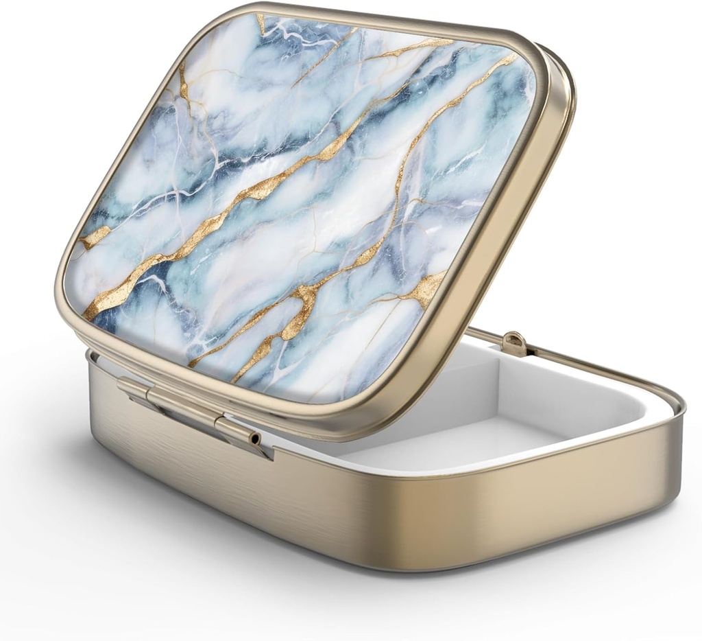 Pill Case Pill Box met Mirror Retro 2 Compartiment Kleine pil Case voor Purse of Pocket Bronze Rechthoekige pil Box of vitamines, visolie, supplementen, pil Bevat reizen geschenken(Witte blauwe marmer)