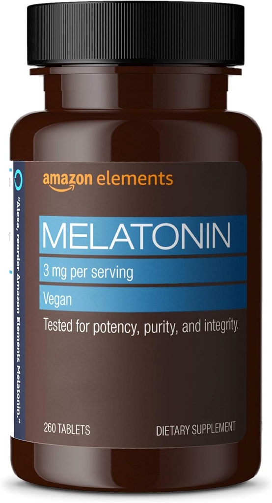 Elementen Melatonine 3mg, Helpt met af en toe slapeloosheid, Vegan, Unflavored, 260 Tablets, 8 maanden aanbod (Verpakking kan variëren)