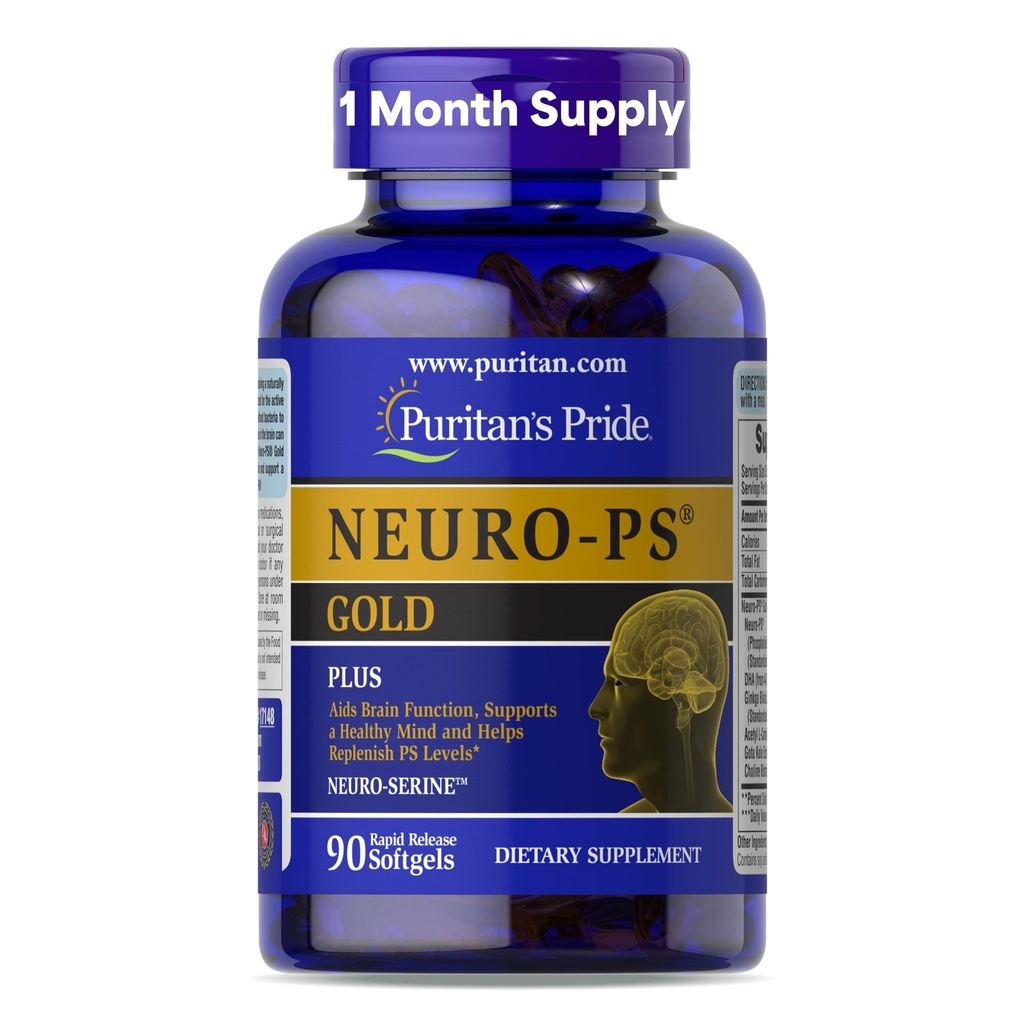 Puritan's Pride Neuro-PS® Gold Plus Neuro-SerineTM avec Gingko Biloba et DHA, supplément diététique avancé pour la fonction cérébrale, la santé et le soutien mémoire, 1 mois d'approvisionnement, 90 softgels à libération rapide