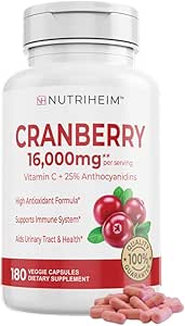 Cranberry Extract Pillen Supplement 25% Proanthocyanidines met Vitamine C - Urinetrekker, Huid, Immuun Ondersteuning - 180 Veggie Capsules - Non-GMO, Glutenvrij, Veganistisch Vriendelijk