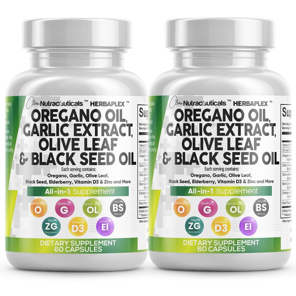 Nutraceutiques propres Huile d'Origan Extrait d'ail Olive Leaf Huile de graines noires - Immune Soutien et supplément de santé digestif pour les femmes et les hommes avec vitamine D3 & Zinc - 2Pack