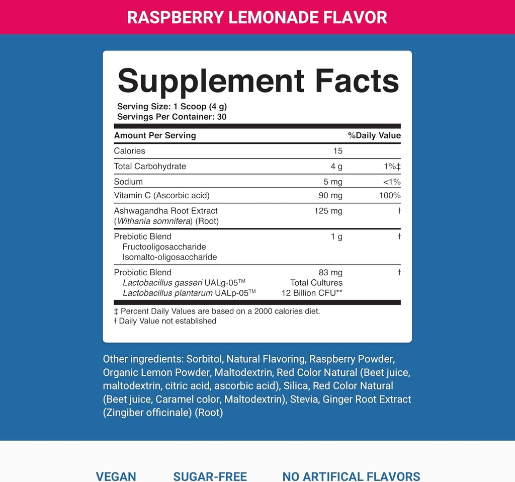 Nighttime Compleet door geactiveerde u dagelijkse wellness drank voor Gut Health met Ashwagandha - Raspberry Lemonade met prebiotica, probiotica, vitamine C - Ondersteunt ontspannen en spijsvertering, plantaardige basis