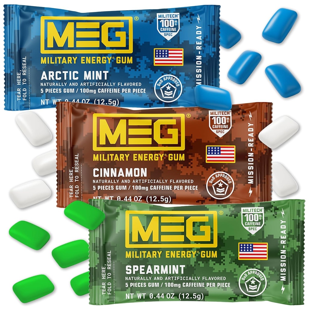 Gum MEG - Énergie militaire 100mg de caféine par pièce - Boîte d'échantillons de 15 pièces - Énergie et mise au point pour stimuler la performance