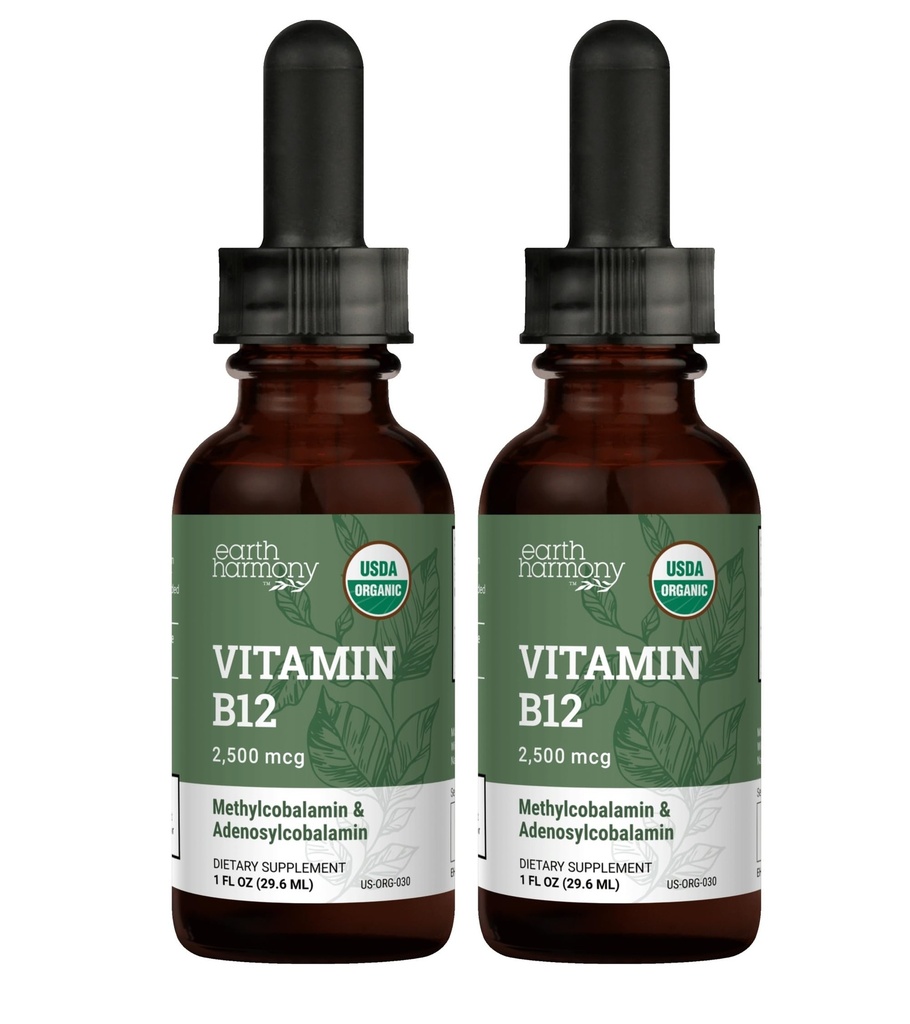 USDA Organic Vitamin B12 2000mcg Sublingual Liquid Supplement (2-pack) - Vegan Methylcobalamine Drops for Natural Energy, Maintain Metabolisme, and Immune System Support - 1 Fl Oz
