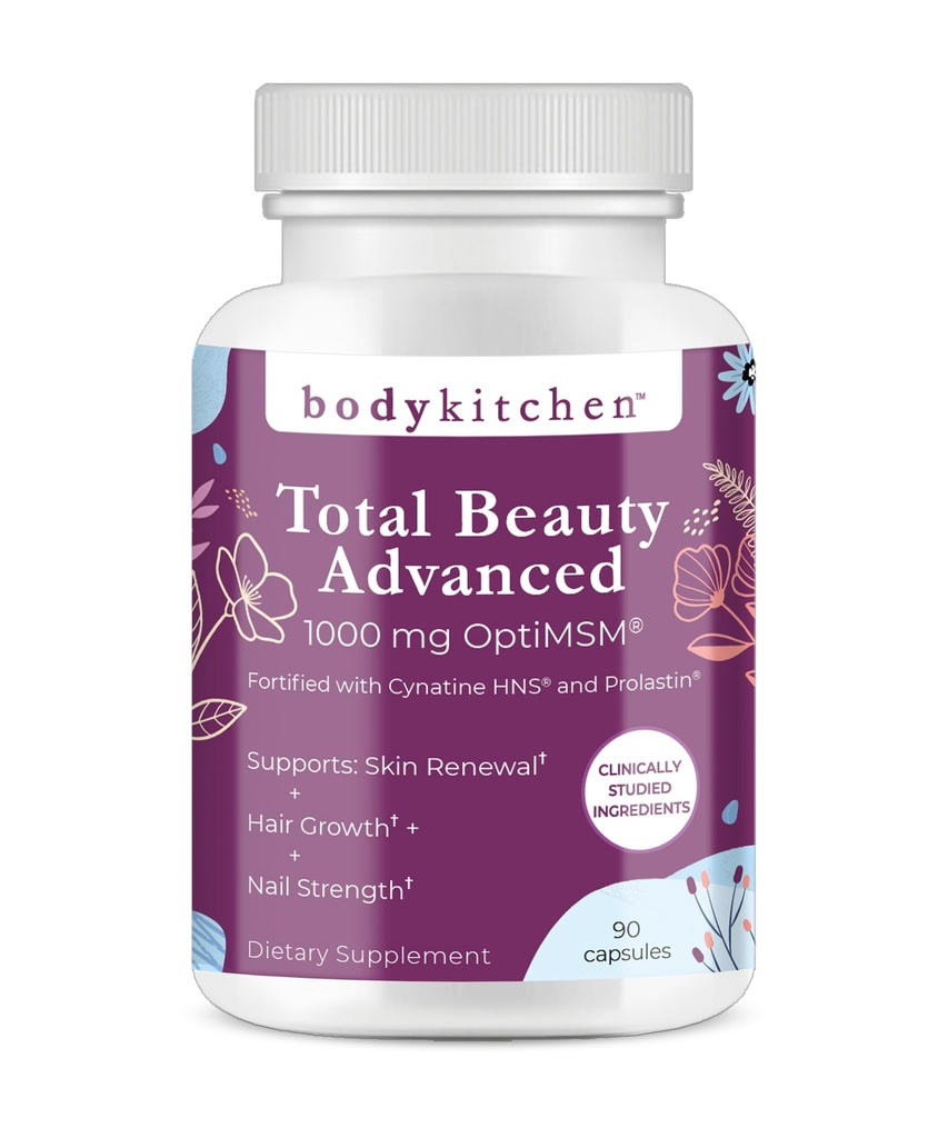 Body Keuken Total Beauty Advanced, Bevat Elastin, Keratine, Biotine en Hyaluronzuur, Ondersteunt haargroei, huidvernieuwing, Nagelsterkte, Veggie Caps, 90 Tellen