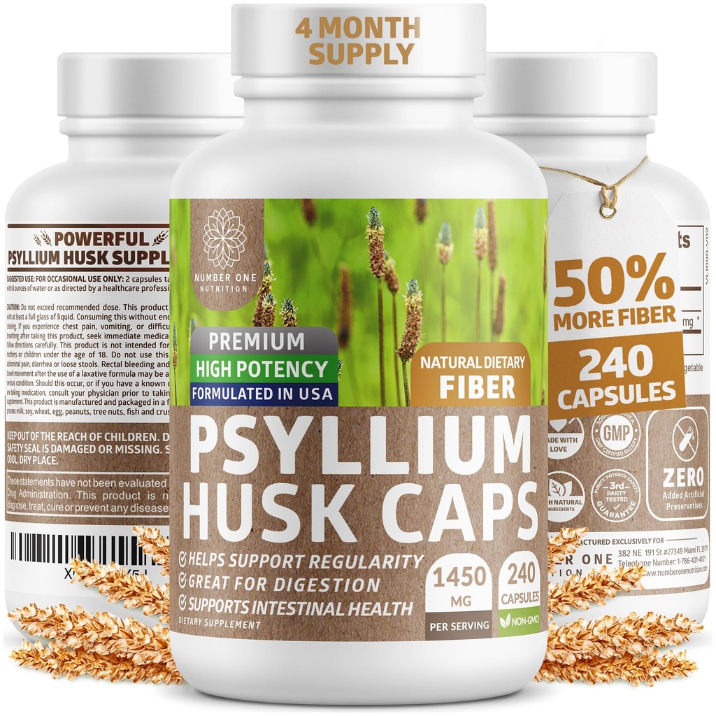 N1N Premium Psyllium Husk Capsules [All Natural,1450 MG] Supplément de fibre soluble puissant pour soutenir la régularité et la santé digestive, 240 capsules