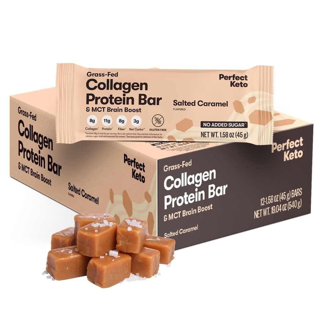 Perfect Keto Bars - De schoonste Keto Snacks met Collageen en MCT. No Added Sugar, Keto Diet Friendly - 3g Net Carbs, 19g Fat,11g Proteine - Diet Food Dessert (Salted Caramel, 12 Bars)