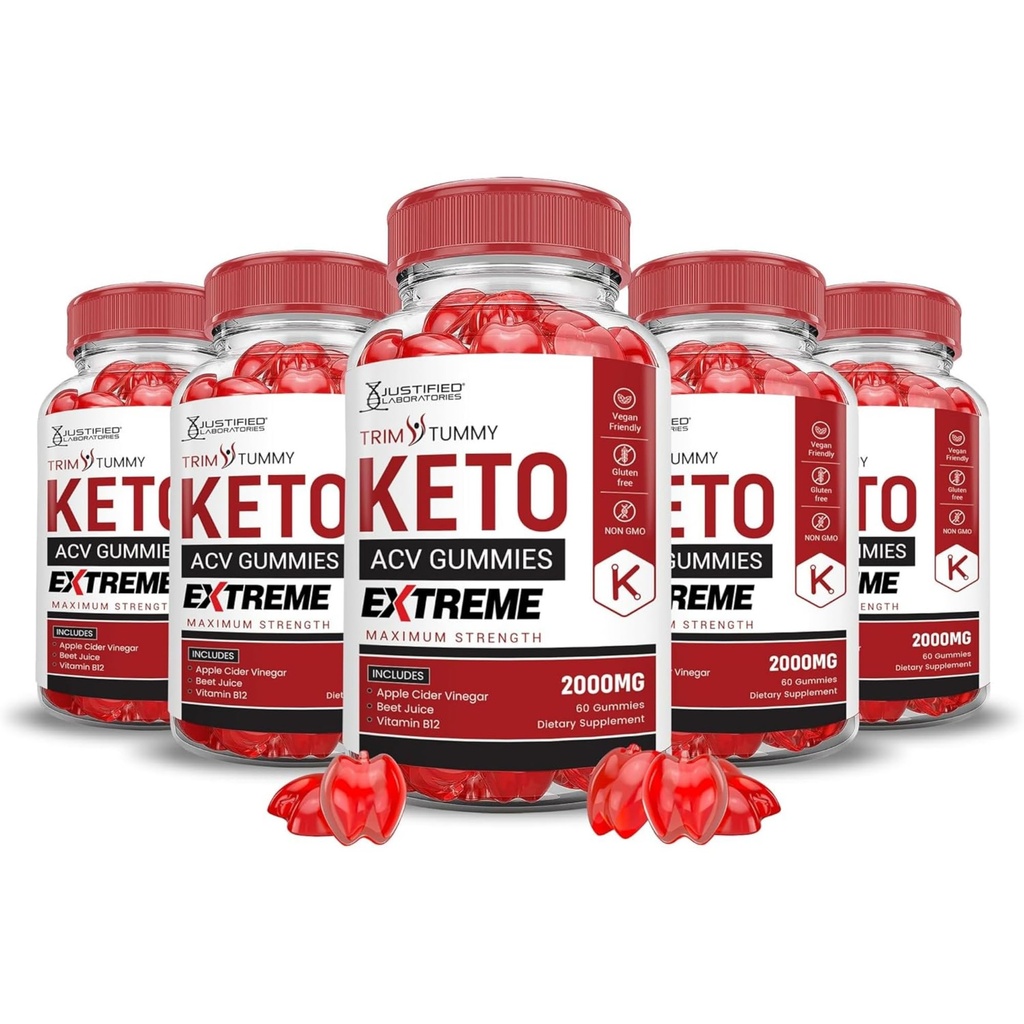 Justified Laboratories (5 Pack Trim Tummy Keto ACV Gummies Extreme 2000MG Trim Tummy Keto Gummies Apple Cider Vinegar Geformuleerd met Granaatappel Beet Juice Powder B12 Vegan Non GMO 300 Gummys