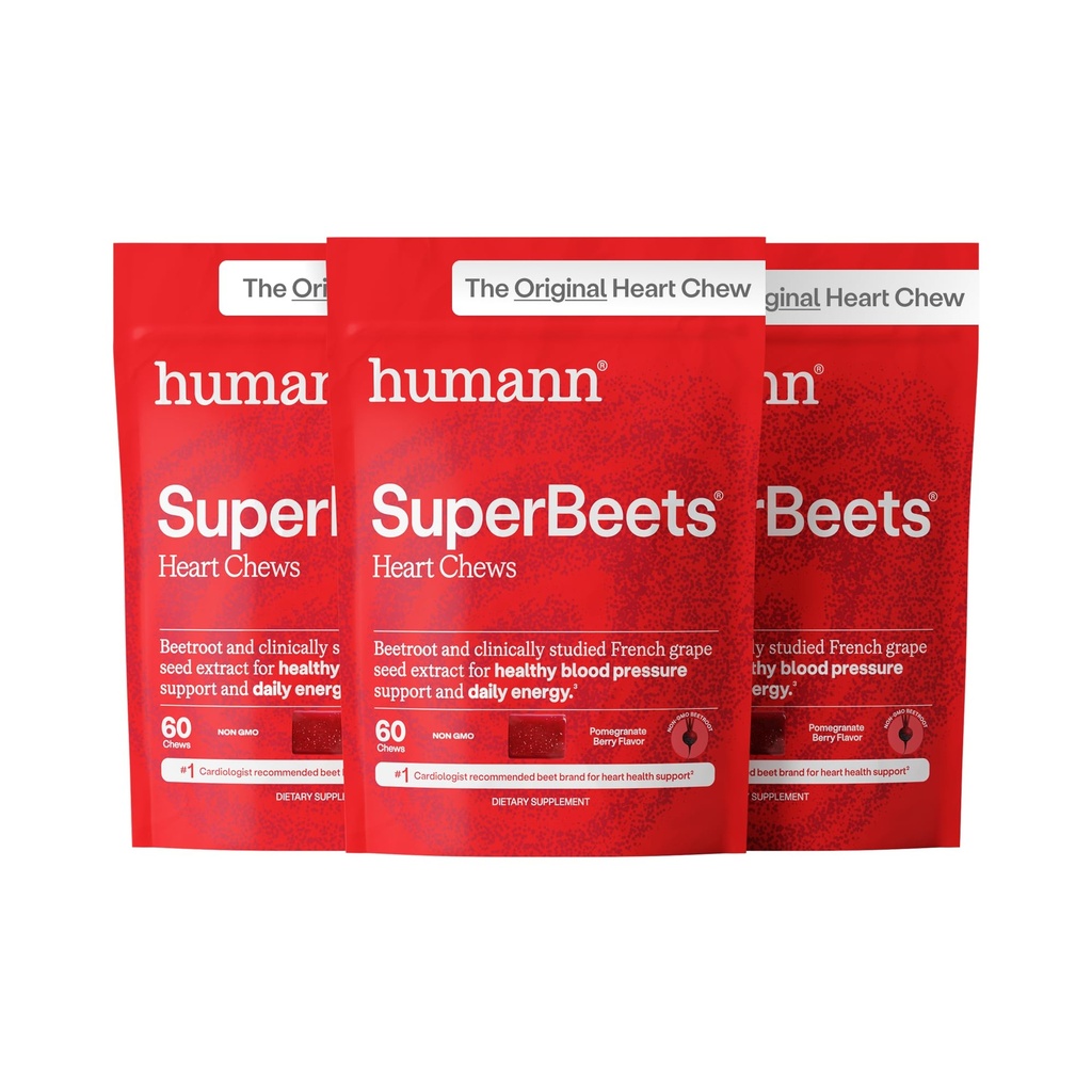 HumanN SuperBeets Heart Chews, Beet Root Powder Support Energy Supplement, Nitric Oxide and Blood Pressure Support, Grape Seed Extract & Non-GMO, Heart Health, Pomegranate Berry Flavor, 180 Count