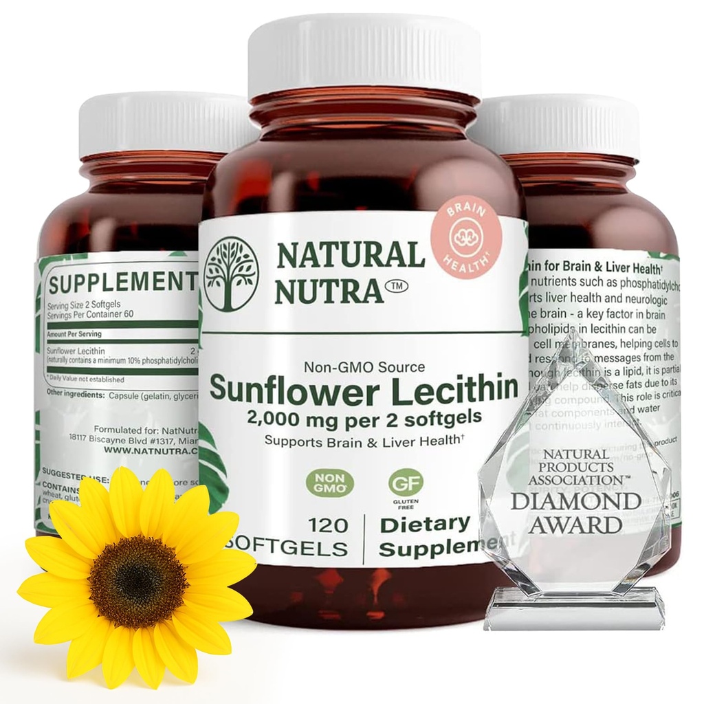 Supplément naturel Nutra Sunflower Lécithine 2000 mg, soutient l'allaitement maternel des mamans avec duct Relief Plugged Lait, Foie et Brain Health Booster, sans soja, sans OGM, sans gluten, 120 Softge