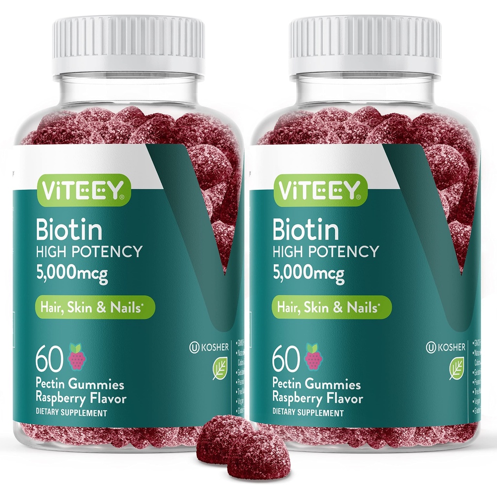 VITEEY Gommies de biotine pour la peau et les ongles des cheveux - Biotine pour les gommes de croissance des cheveux - 5000 mcg - Vegan, sans gluten, non-OGM – 120 Compte