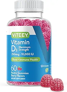 Viteey Vitamine D3 Gommies pour adultes et adolescents - 10 000 UI, 250 mcg, Force maximale - Santé articulaire et musculaire, Immune Boost - Gommies à la vitamine D à croquer - Végétarien, Sans gélatine - Saveur de baies savoureux