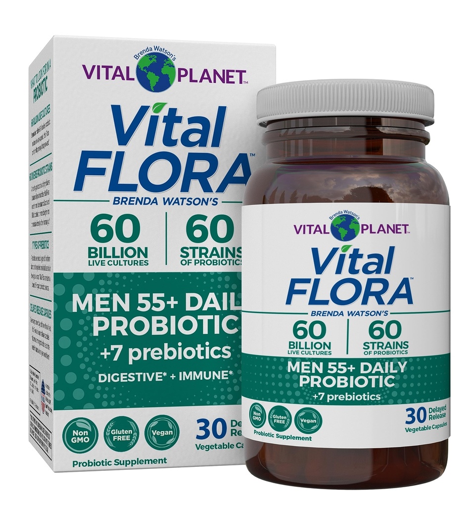 Vital Planet - Vital Flora Men 55+ Dagelijkse Probiotica, 60 miljard CFU, 60 Diverse Strains, 7 Biologische Prebiotica, Immune Support, Gas Relief, Colon en Digestieve Gezondheid Probiotica voor mannen 30 Capsules