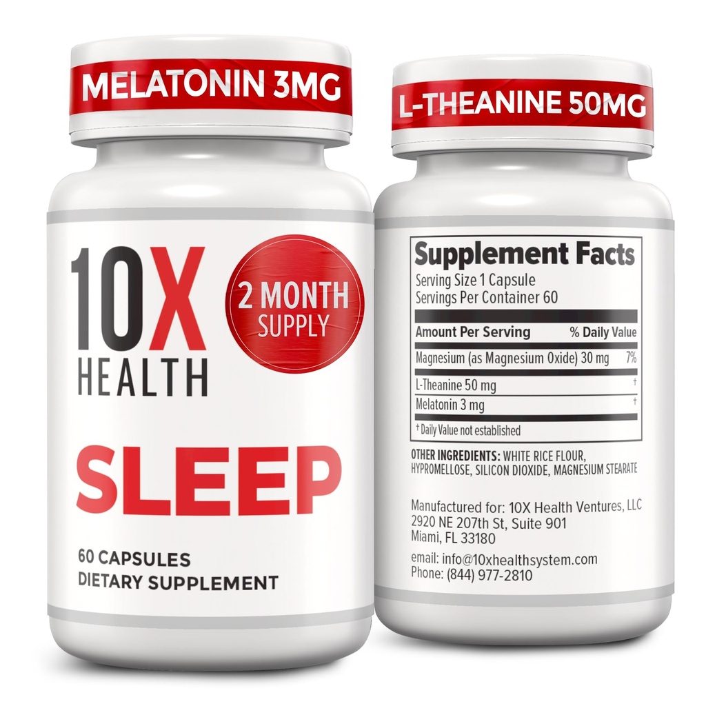 10X Health Slaapsupplementen voor volwassenen - 60 capsules - Melatonine 3mg, L Theanine, Magnesium Supplement, Magnesiumoxide voor diepe, betere rust & ontspanning - 3-in-1 natuurlijke slaapondersteuning