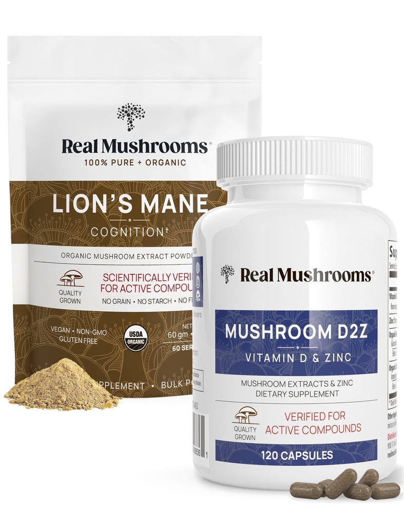 Echt Paddestoelen Vitamine D2, Gecheld Zink, Chaga, Reishi (120ct) en biologisch Leeuwen Mane Poeder (60 Servers) Bundel - Immuniteit en Cognitieve Ondersteuning, Verbeterde Absorptie - Veganistisch, Glutenvrij, Non-GMO