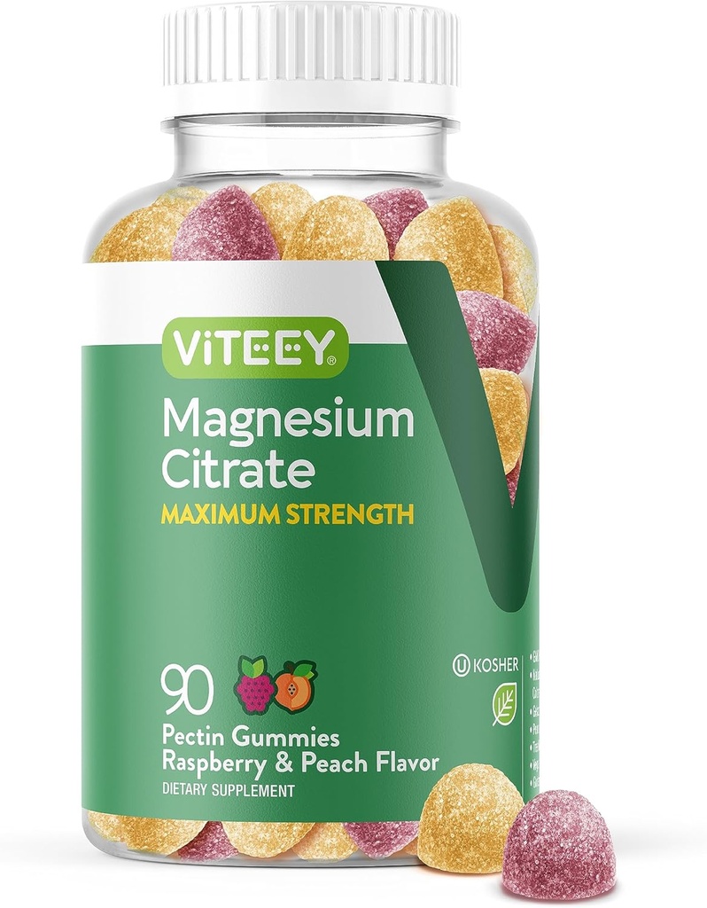 VITEEY Magnesium Gummies voor volwassenen - 255mg Magnesium Citrate Gummy voor rust, slaap, nerve en spierfunctie ondersteuning - veganist, glutenvrij - 90 Tel.
