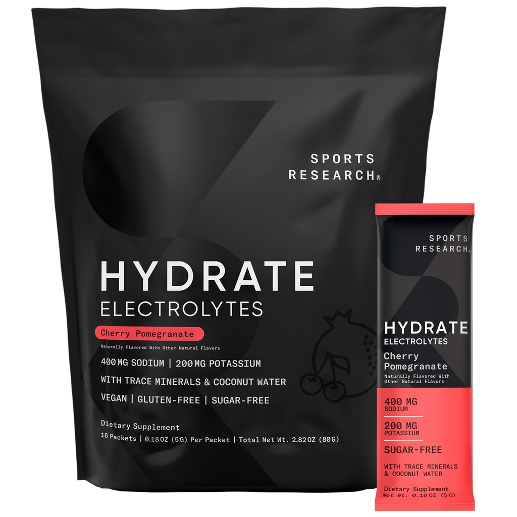 Sportonderzoek Hydrate Elektrolyten Poederverpakkingen - Suikervrij en natuurlijk op smaak gebracht met vitamines, mineralen en kokoswater - Ondersteunt Hydratatie - 16 Pakjes - Cherry Granaatappel