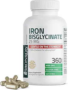 Bronson bisglycinate de fer 25 mg doux sur l'estomac, soutient l'énergie et la production saine de globules rouges - formule non constipante - non OGM, 360 capsules végétariennes