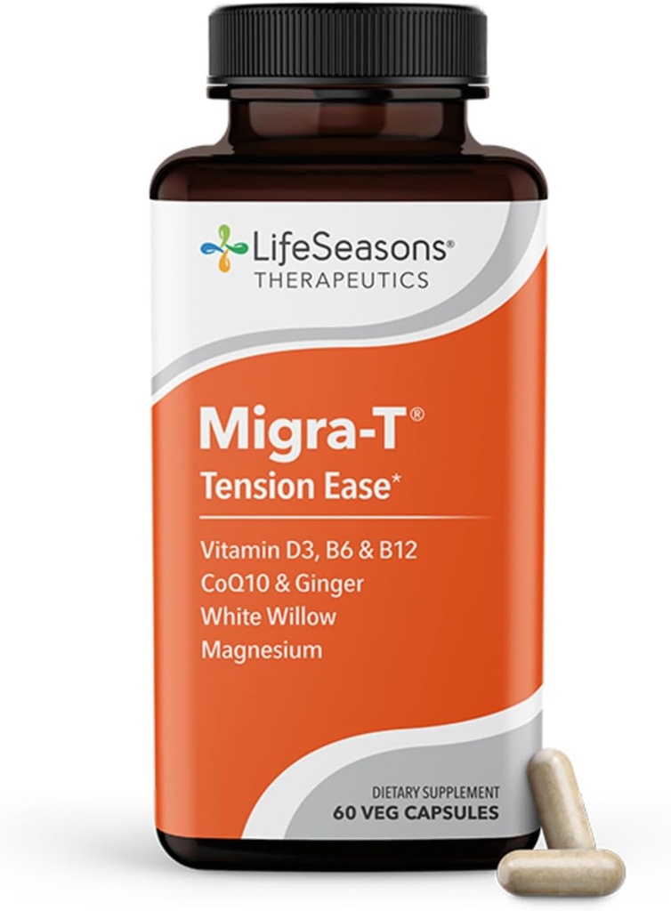 LifeSeasons Migra-T met Relieve-R PM - Migraine Prevention & Relief Supplement - Ondersteunt ernstige hoofdpijn - Vermindert lichtgeluid & Odor Gevoeligheid - Koorts, witte wilg, Magnesium Gember & CoQ10