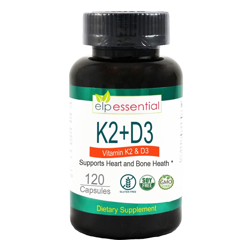 ELP ESSENTIËLE Vitamine K2 met D3 Supplement Bone and Heart Health, Capsules K2+D3 Vitaminen 120 Capsules