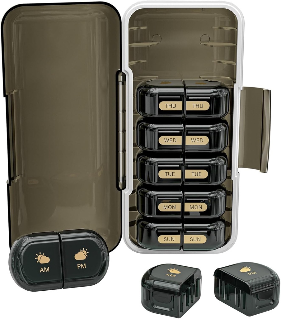 Weekly Pillen Organizer 2 keer per dag, Vocht-Proof, Detachable Compartments, AM PM Pill Box 2X 7 Day, Travel Pillen Organizer voor Pillen/Visolie/Medicatie/Vitamine/Supplements (zwart)