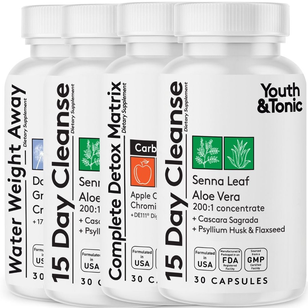 Detox Cleanse Kick Off Weight Management en extra Colon Cleanser. 4pk voor waterverlies, opgeblazen, platte maag, Pufiness w Apple Cider Vinegar, Senna Leaf, Glucomannan, Chromium, Probiotic 120 Pillen