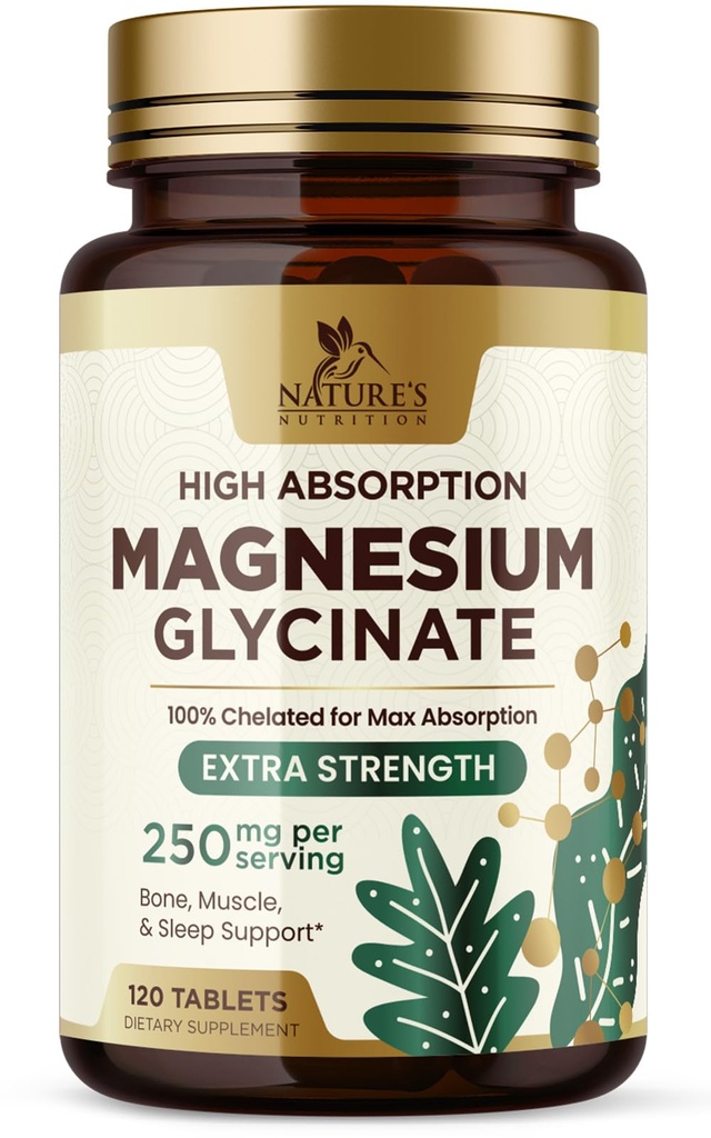 Magnesium (Glycinaat) - Magnesiumsupplement voor de gezondheid van het hart, nerveus, spier-, bot- en slaapondersteuning - 100% chelated en hoge absorptie - 250 mg per portie - glutenvrij, veganistisch, non-GMO - 120 Tel.