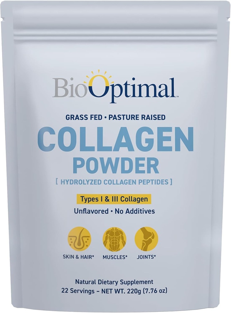 BioOptimaal Collageen Peptides Powder - Grass-Fed, Pasture-Raized Gehydrolyseerde eiwitsupplement voor huid, haar, & Nails - Non-GMO, Zero Sugar Daily Supplement for Men & Women (22 Servings)