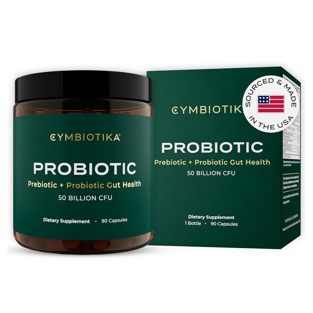 CYMBIOTIKA Probiotic + Prebiotic, 60 Miljard CFU - 19 Strains, Gut Health Supplement for Women & Men, Immune Support, Digestive Health, & Gut Balance, 90 Capsules, 1 maand levering, Made in USA