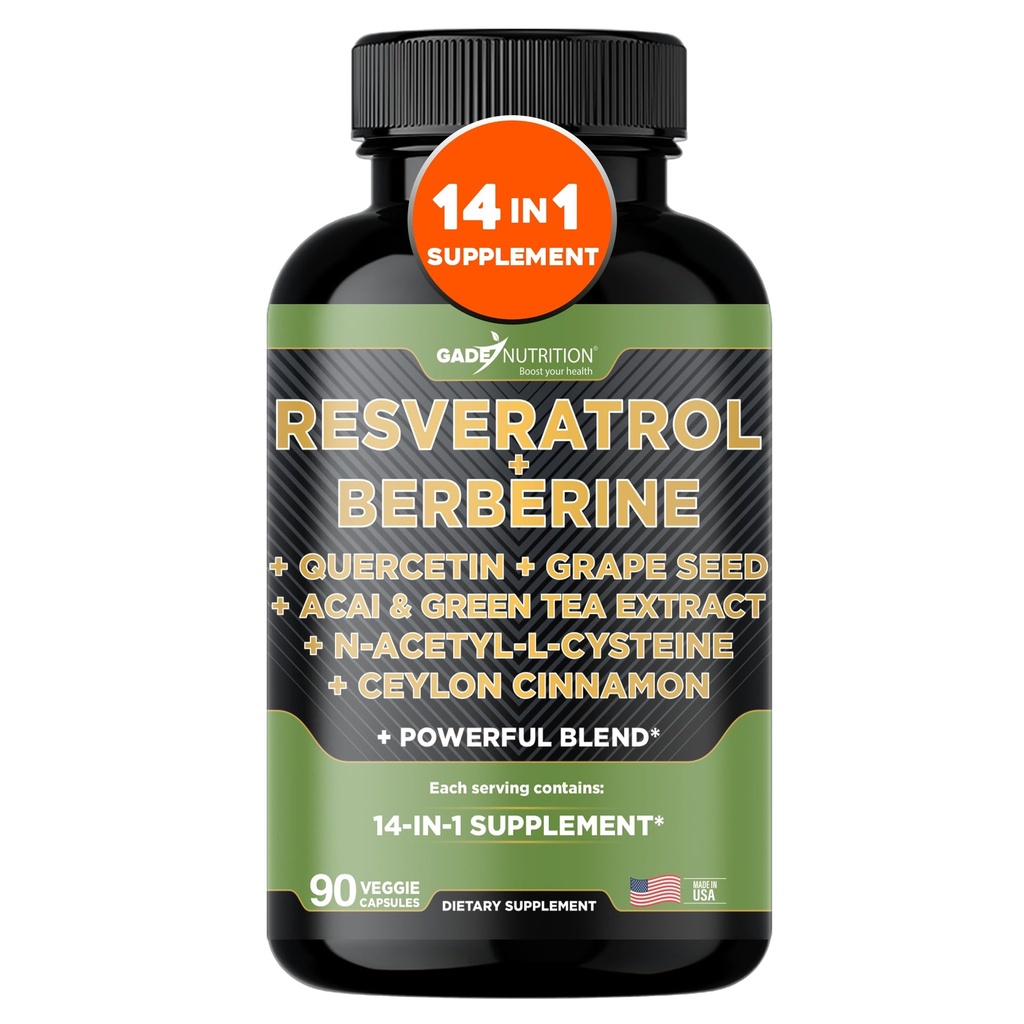 Gade Nutrition Resveratrol Berberine Quercetin Grape Seed Extract Green Tea Extract N-Acetyl Cysteine - 14 in 1 Complex Supplement voor vrouwen en mannen met krachtige antioxidanten - Made in USA