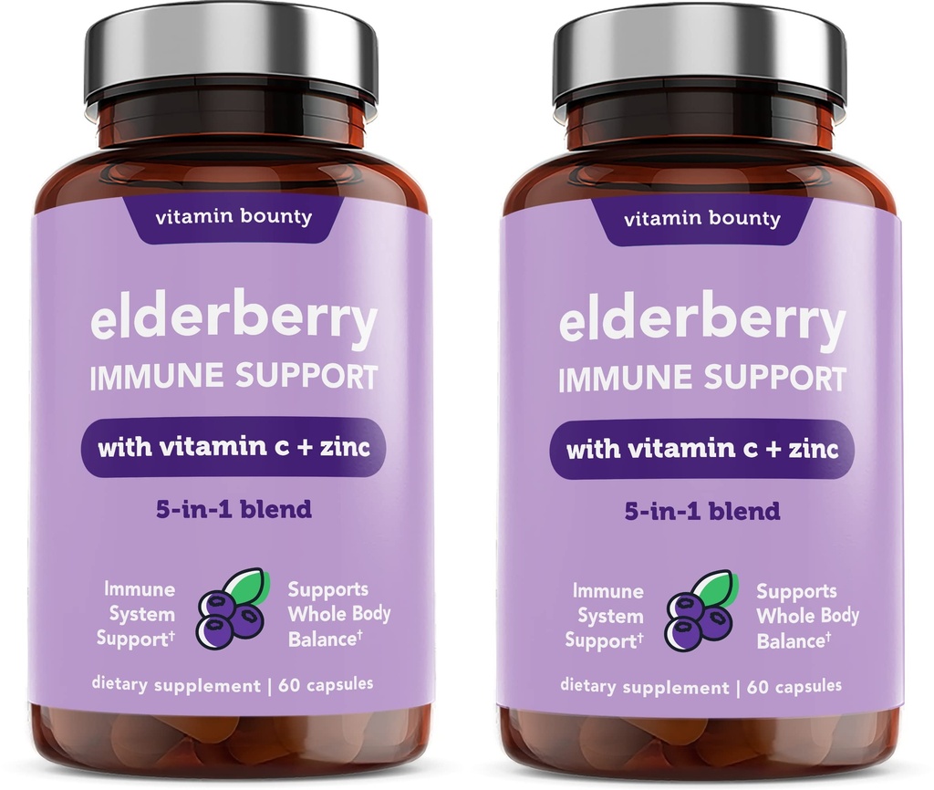 Vitamine Bounty Vlierbessen Immune Ondersteuning - met Zink, Vitamine C & Echinacea, Geavanceerde 5-in-1 Blend, Krachtige Antioxidant, Ondersteunt Gehele Lichaamsbalans, Niet-GMO - 60 Capsules, 2 Pack