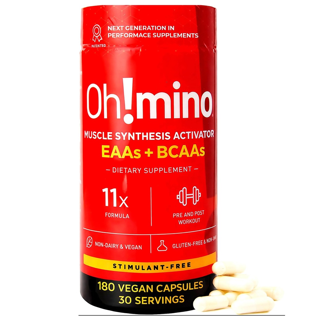 Oh!mino Essential Amino Acids Supplement. Stamulantvrije capsules. Alle 9 EAA's, BCAA's en de perfecte Amino voor workouts, Amino Energy, en om spieren te bouwen en sneller te herstellen.