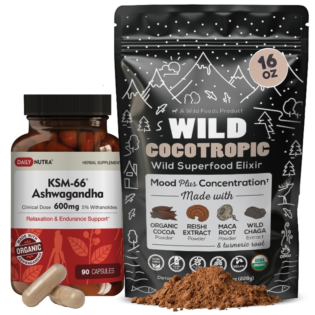 DailyNutra KSM 66 Ashwagandha (90 capsules) en Mushroom Cacao Mix (16oz) Bundel voor ontspanning en concentratie