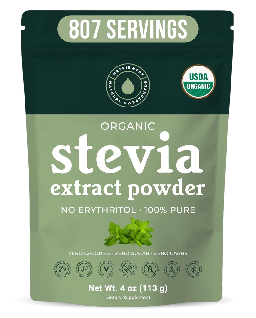Biologische 100% Pure Stevia Poeder, 4 oz, Tevredenheden Zoete Cravings, Verlaagt Bloedsuiker niveaus voor Diabetici, Bulk poeder Stevia Extract Zoetstof voor beter bakken & Dranken, 800+ Serven door NatriSweet