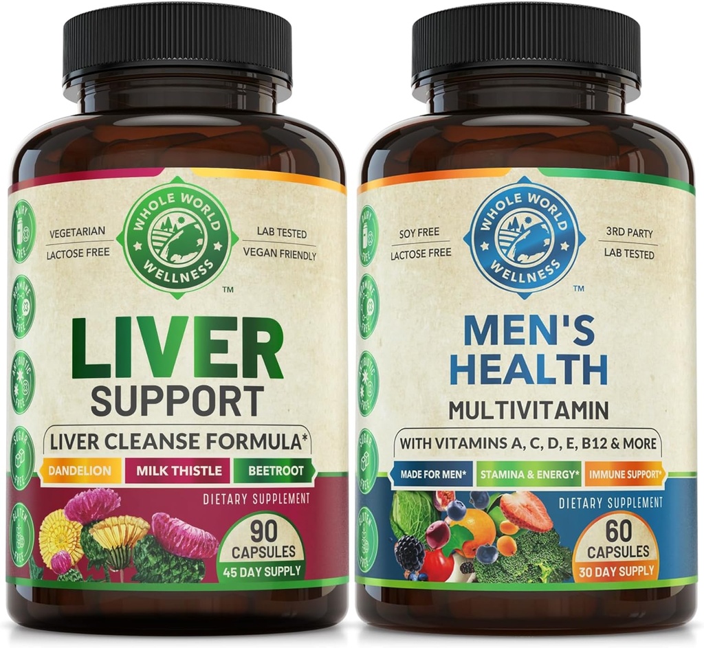 Lever Reiniging Detox Reparatie Formule & Heren Dagelijks Multivitaminen Bundle (Eén fles elke). Ondersteunt gezamenlijk Lever Gezondheid, Holistische Wellness, Boosted Energy, Uithoudingsvermogen & Performance. USA Made.