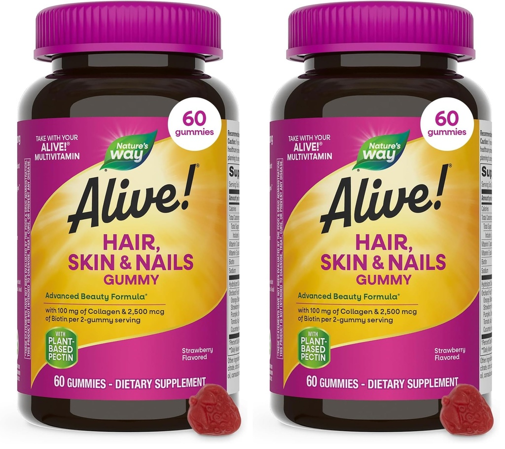 Nature's Way Alive! Hair, Skin & Nails Gummies, Advanced Beauty Formula*, with Biotin and Collageen, Strawberry Flavored, 60 Gummies (Packaging May Vary) (Pack of 2)