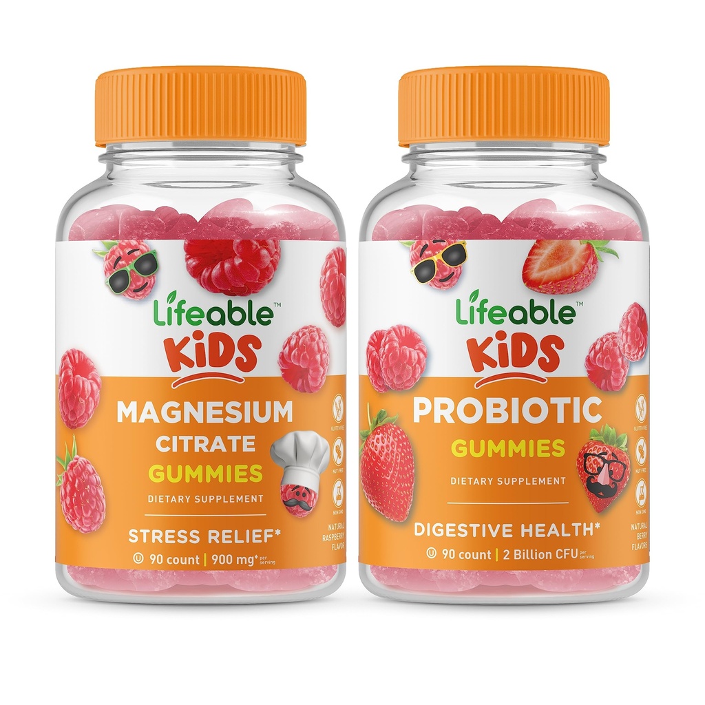 Levensvatbare Magnesium Kids + Probiotic 2 Miljard CFU Kids, Gummies Bundle - Grote Proeverij, Vitamine Supplement, Glutenvrij, GGO-vrij, Kauwgom