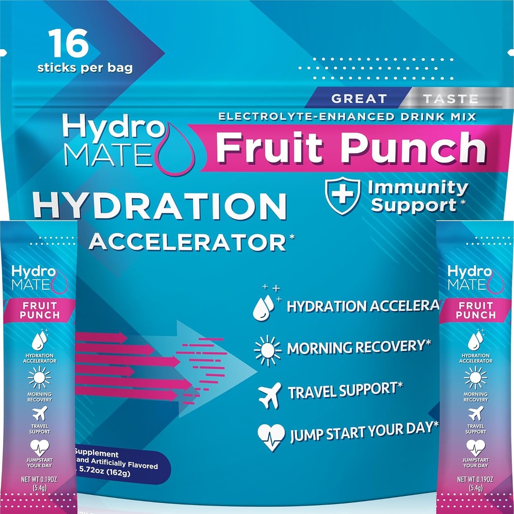 HydroMATE Electrolyte Powder Fruit Punch Hydration Packets Low Sugar 16 Count