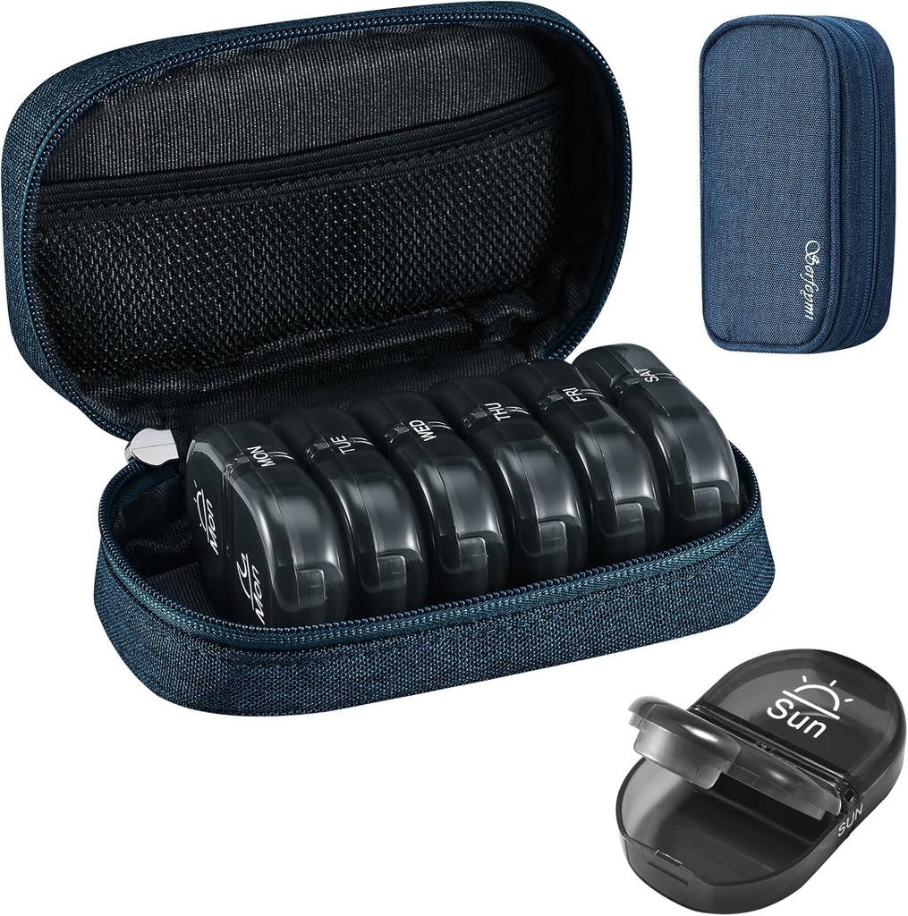 Serfeymi Weekly Travel Pill Organizer 2 keer Een dag AM PM Geüpgraded Black Pill Box 7 dag met Portable Zipper Canvas Pill Case, Medicine Organizer voor pillen, Vitaminen, Supplementen, Visolie - Blauw 01