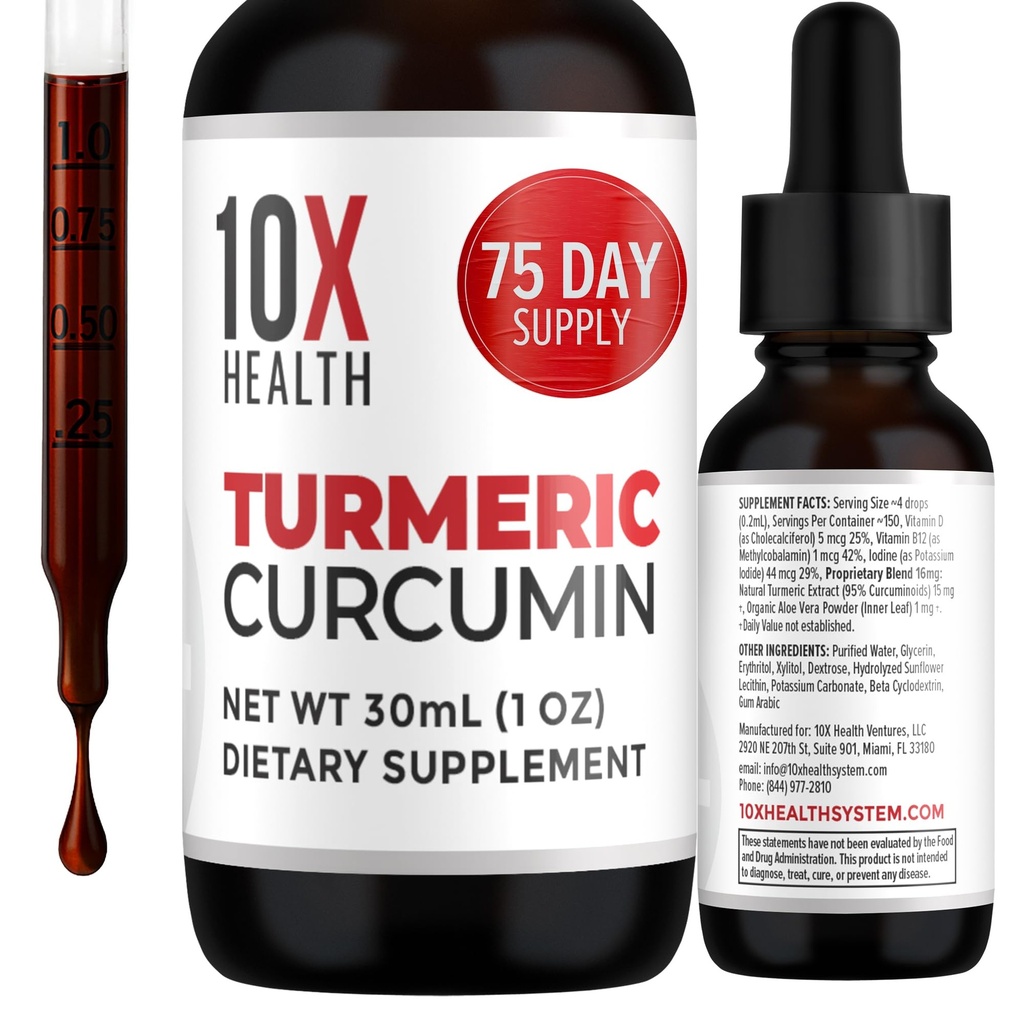 10X Gezondheid Kurkuma supplement met vitamine D3 & B12-30ml Hoge Absorptie Kurkuma supplement voor Joint Supplements for Women, Immunity & Heart Health - Curcuma, Curcuma Supplementen